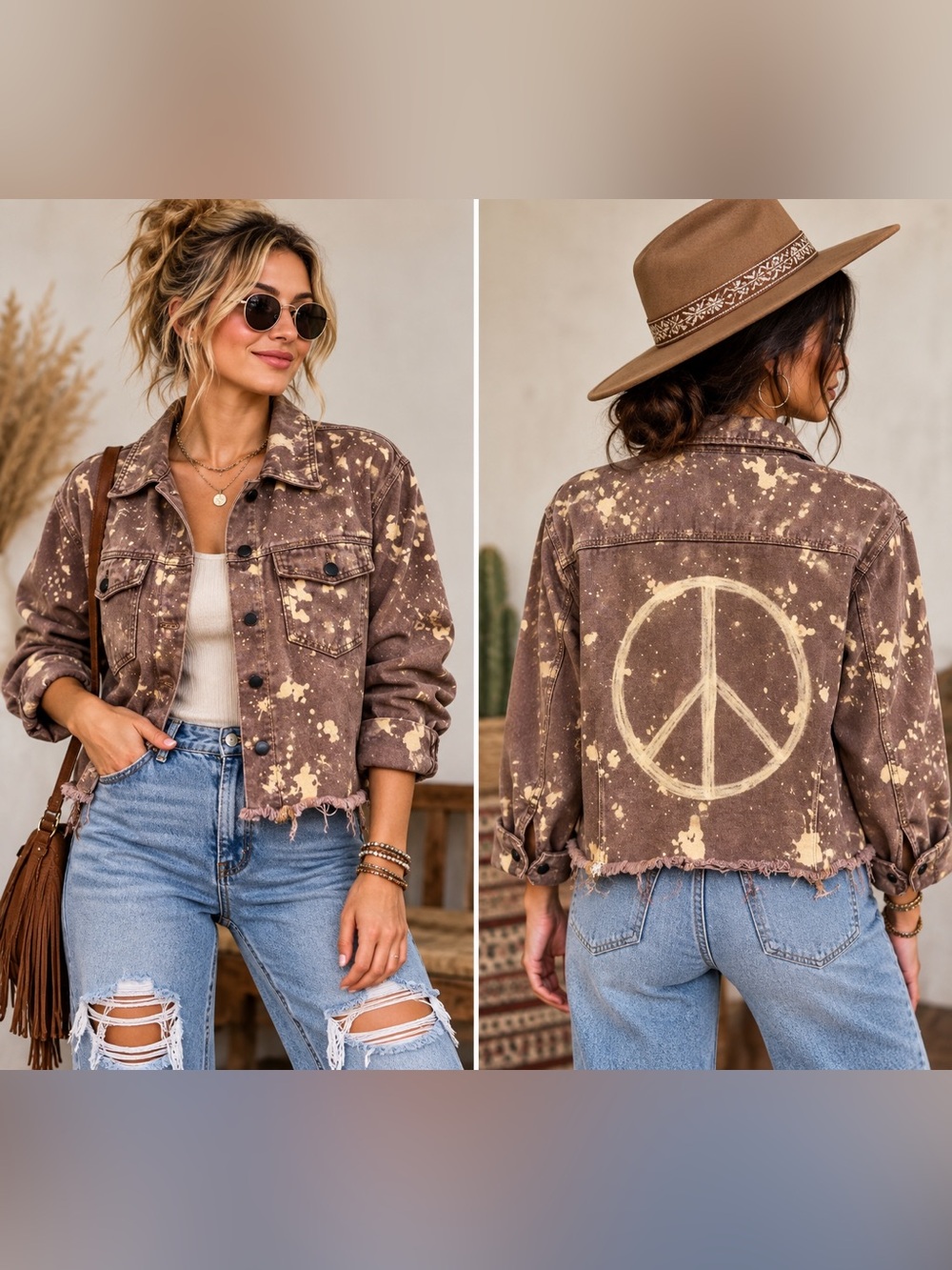 Upcycled 2XL Bleach Dyed Denim Jacket Peace Sign OOAK Boho Grunge